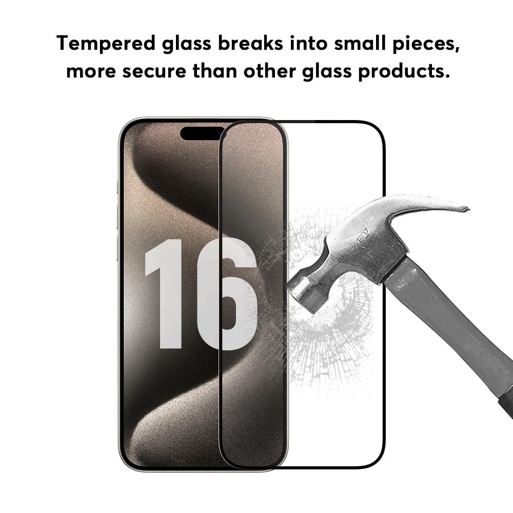 Protecteur d'écran pour iPhone 16/16 Pro, en verre trempé, antidéflagrant, sérigraphie, couverture complète, vente en gros