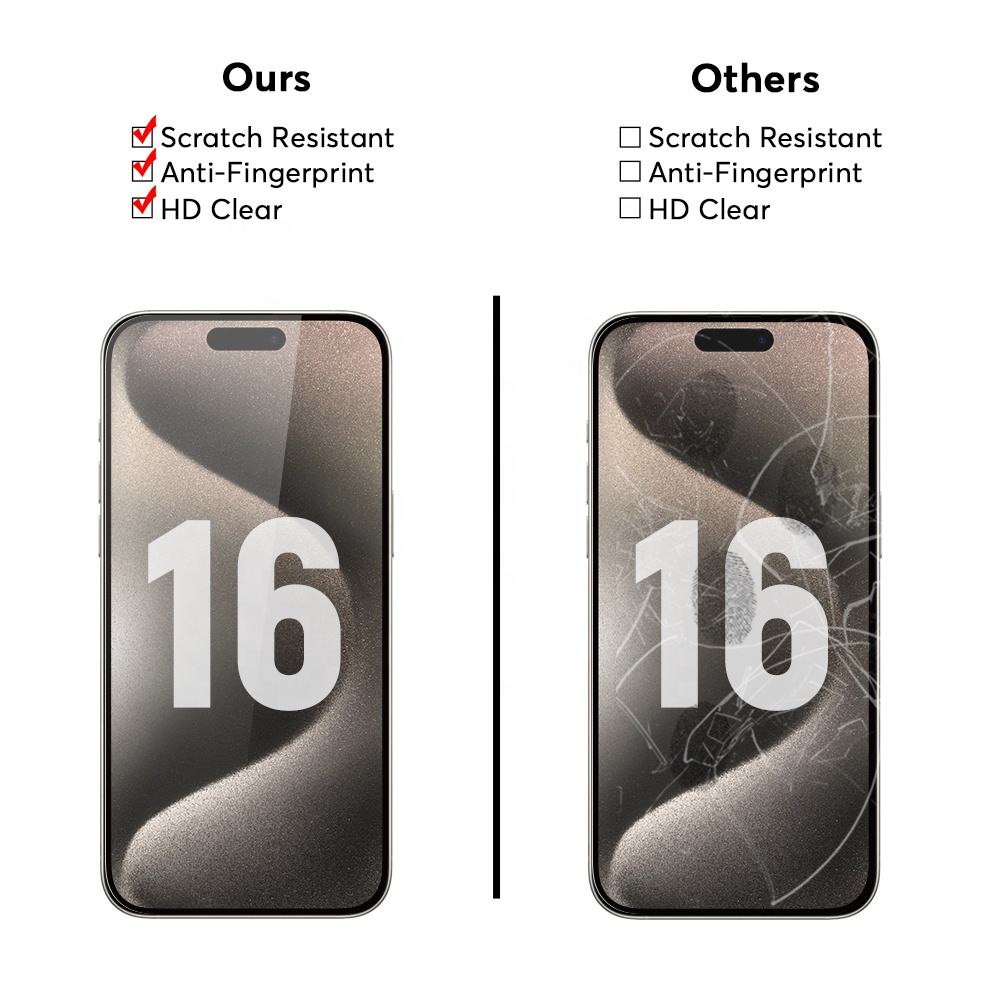 Protecteur d'écran pour iPhone 16/16 Pro, en verre trempé, antidéflagrant, sérigraphie, couverture complète, vente en gros